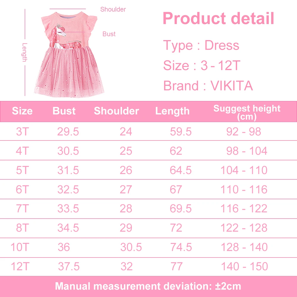 VIKITA Girls Pink Dress Kids Licorne Print Flare Sleeve Summer Dresses Kids Birthday Party Vacation Casual Daily Princess Dress