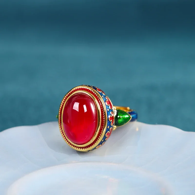 Cincin carnelian alami keahlian emas kuno asli untuk wanita bunga enamel gaya nasional ringan mewah perhiasan pernikahan