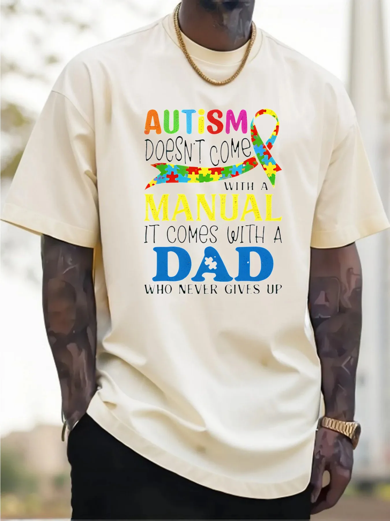 เสื้อยืดผ้าฝ้ายผู้ชายออทิสติกเสื้อยืดลำลองสั้นพร้อมคำคมสร้างแรงบันดาลใจการออกแบบปริศนาสีสันสดใสผ้าสบายพิมพ์ทนทาน