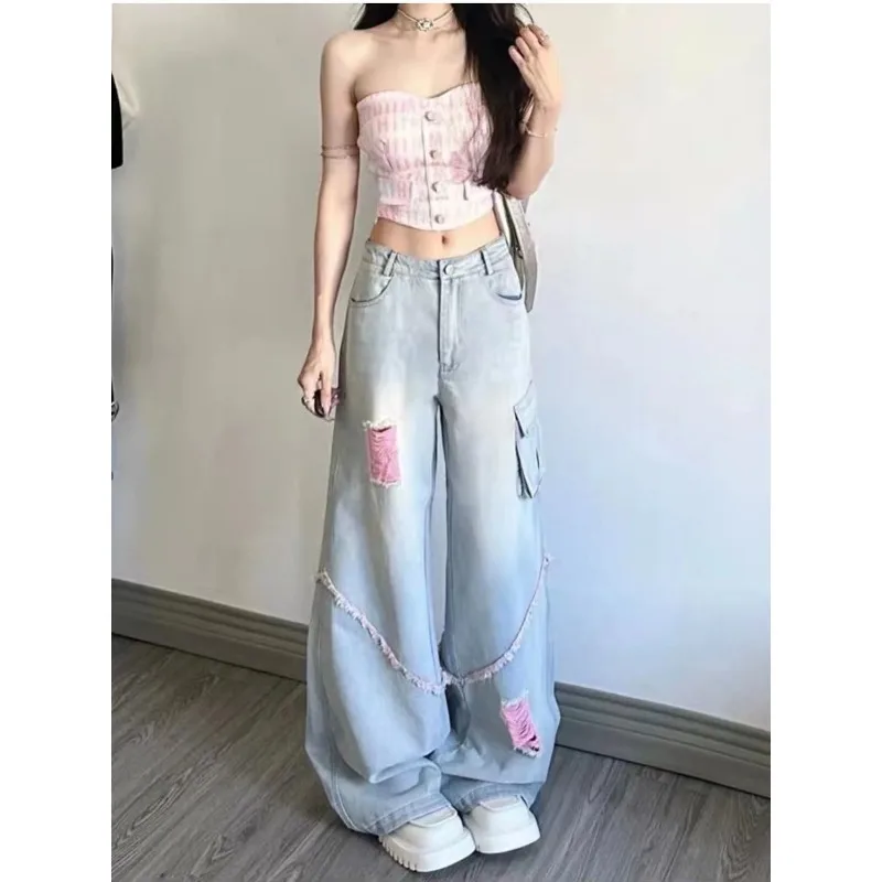 American High Street Ripped Work Jeans Retro High Waist Loose Straight Wide Leg Trousers