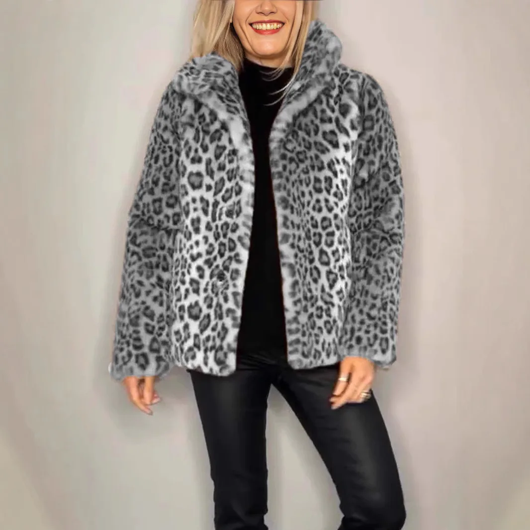 Luxe merk herfst winter bontjas dames retro luipaardprint zachte pluizige namaakbontjas reverskraag casual warme bovenkleding