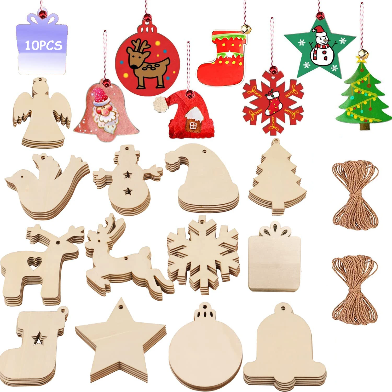 10Pcs Wooden Christmas Tree Hanging Pendants Unfinished blank Wooden Pendants Ornaments with Hemp rope DIY Craft Hone Decor