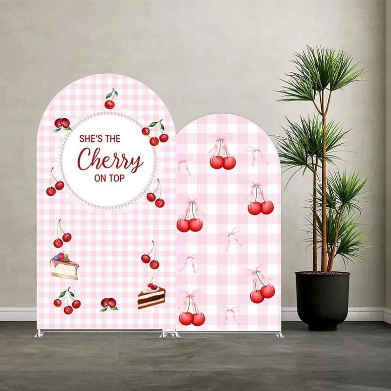 VIKAMA Pink Gingham Cherry Arch Party-Hintergrund, „She's The Cherry On Top“-Banner für Babyparty und Geschlechtsenthüllung – Detail 4