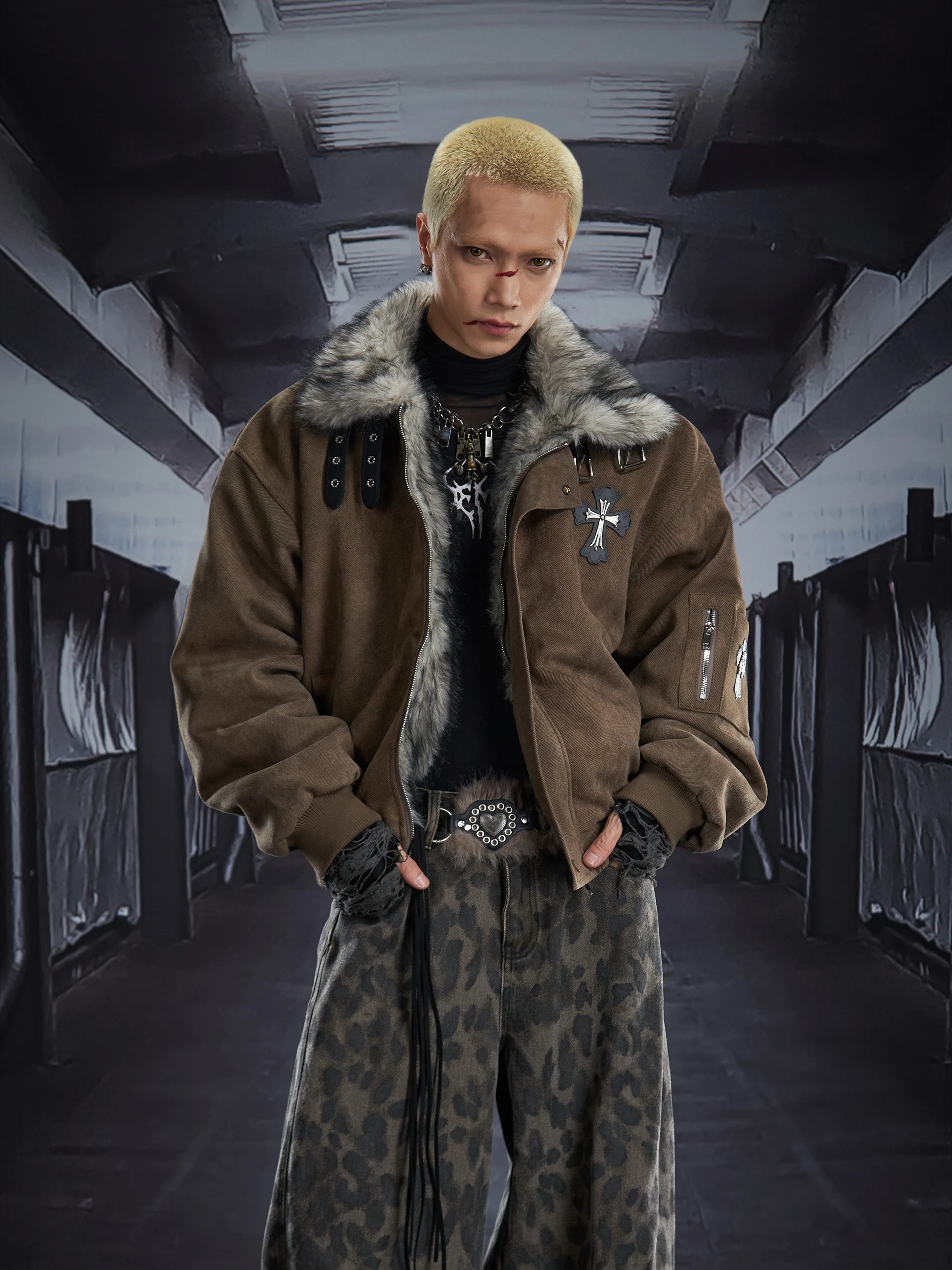Street Heavy Industry Short Stand Collar Lapel Belt Loose Thick Coat Jacket Cotton-Padded