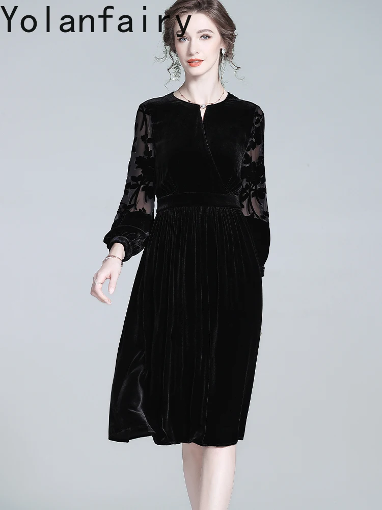 YOLANFAIRY Brand Real Silk Velvet Dresses for Woman Autumn French Elegant Women Clothing Black Dress Fashion Black Evening Dress