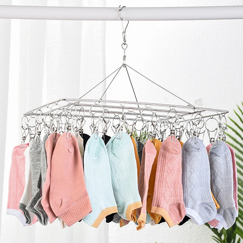 Sock Drying Rack With 40 Clips Stainless Steel Sock Hanging Rack Swivel Wind-proof Laundry Hanger Bra Towel Sock Clothespin