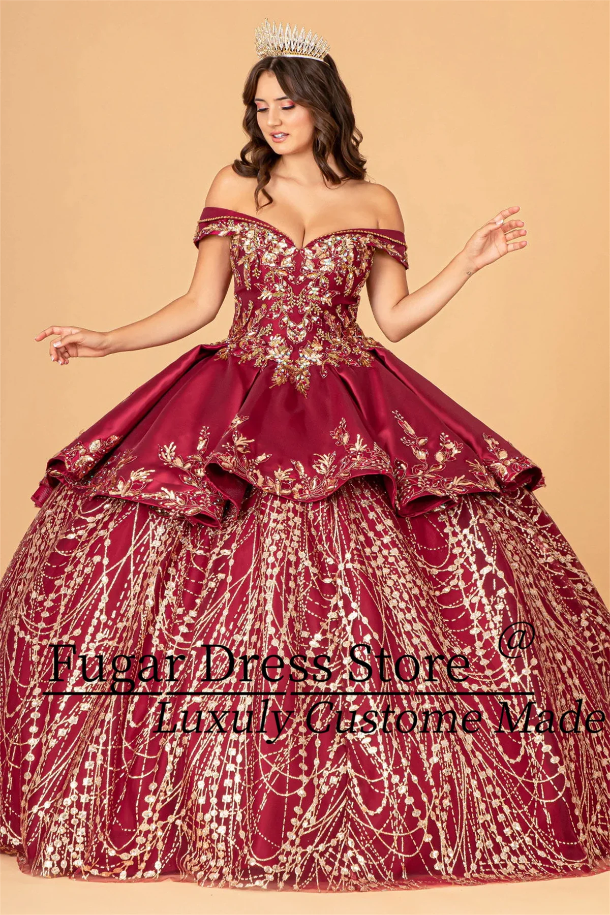 

Роскошные платья Quinceanera бордового/золотого цвета, длинная атласная юбка с открытыми плечами и юбка трапециевидной формы, топ в форме сердца, платья для niñ