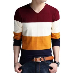 BROWON Brand-sweater Autumn Men's Long Sleeve Slim Sweaters New V-neck Fit Sweater Striped Bottom Sweaters Large Size M-4XL