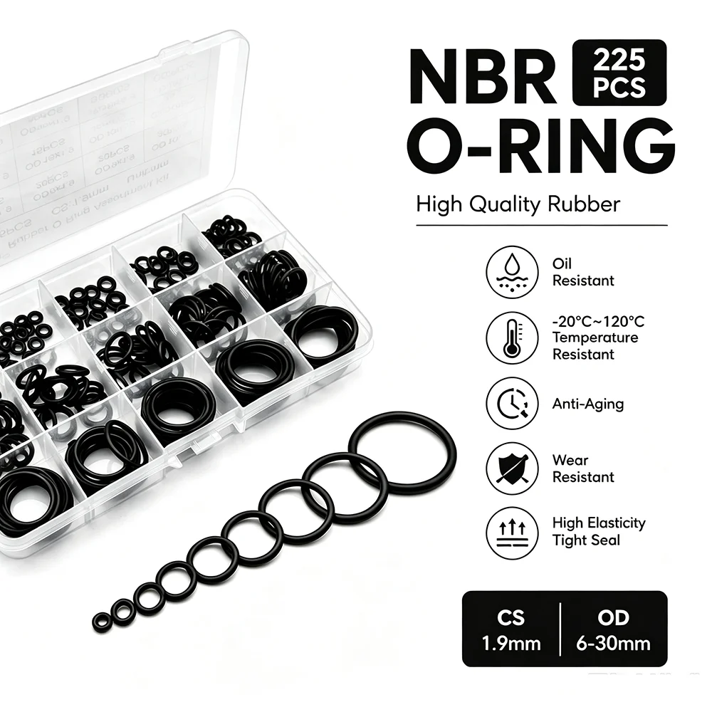 225Pcs Nitrile Rubber Round Sealing Gasket  CS 1.9mm OD6-30mm Corrosion Oil Resistant Car Plumbing Faucet O-ring