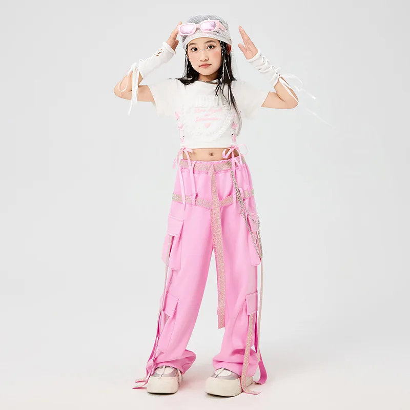 

Kid Hip Hop Clothing White Lace up Heart Crop T Shirt Pink Beads Strap Pockets Strap Cargo Pants for Girl Dance Costume Clothes