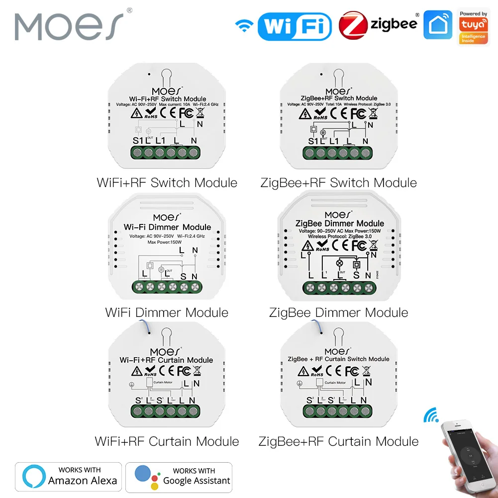 MOES Tuya Smart ZigBee WiFi Switch Module Dimmer Curtain Switch Smart Life App Remote Control Alexa Google Home Voice Control