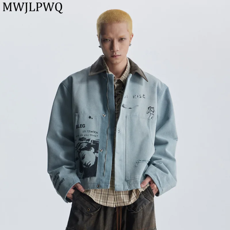 

MWJLPWQ Men's Double-Sided Printed Turn-Down Leather Collar Jacket For Men High Street Zipper Personalized Unisex Top Tide 11623