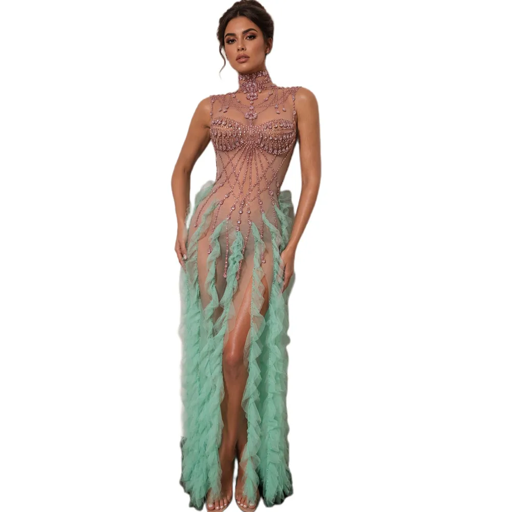 Sexy Sleeveless Mesh Ruffles Evening Banquet Rhinestone Long Dress Women Night Club Clothes Birthday Celebration Party Dress