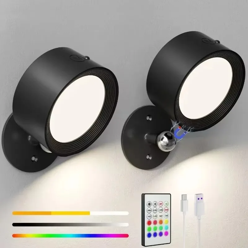 360°Rotatable Up Down LED Wall Light RGB 9 Colors Wireless Rechargeable Night Lamp with Remote for Bedroom Bedside