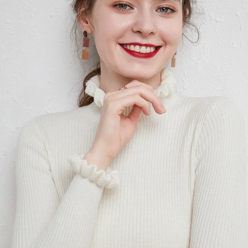 Elegant Half Turtleneck Knitted Sweater for Woman Autumn Winter Fungus Edge Chic Design Pullovers Simple Waist Cinched Base Tops