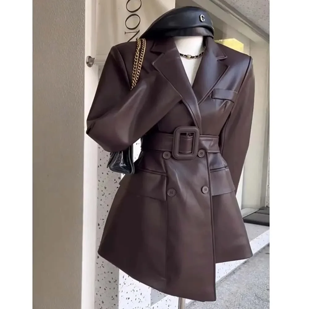 Kaffee Farbe Blazer Retro Schöne PU Leder Jacke frauen Herbst High-End-Gefühl Taille Cinching Anzug Jacke trendy JJ434