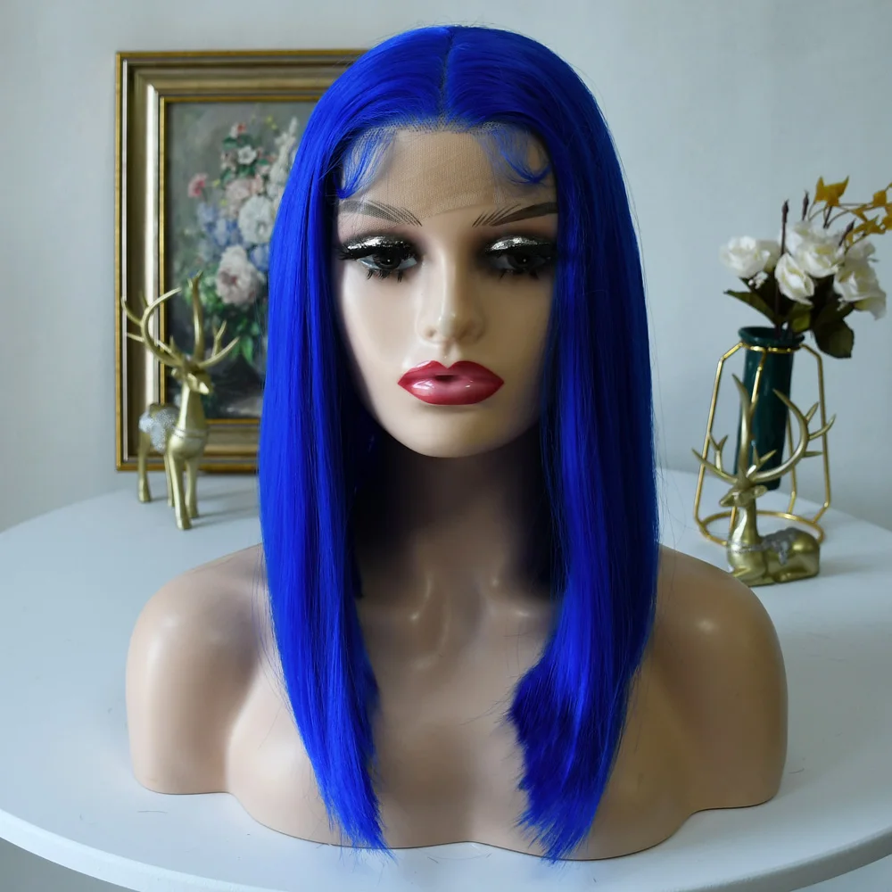 ブルーウィッグ レースフロントウィッグ 13x4 ショートレースフロントウィッグ ブルーボブウィッグ 生え際ナチュラル ベビーヘア付き 合成ウィッグ