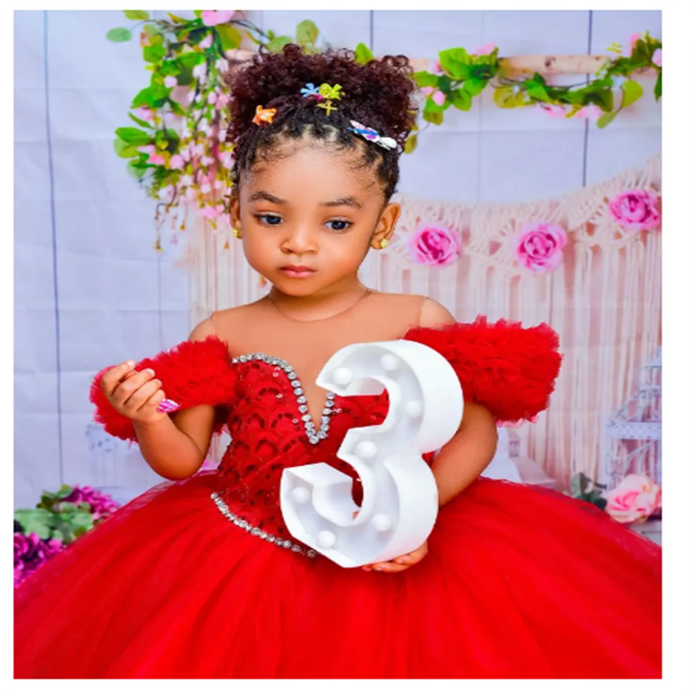 Flower Girl Dresses Red Kids Birthday Sheer Neck Pleated Ruffles Tiered Tulle Ball Gowns for Wedding