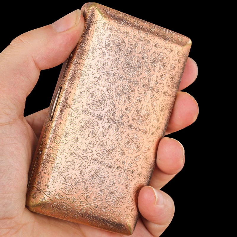 Retro Pure Copper Cigarette Box for 18 Cigarettes Case Holder Pattern Carving Pocket Smoke Tools Brass Smoking Accessories Gift