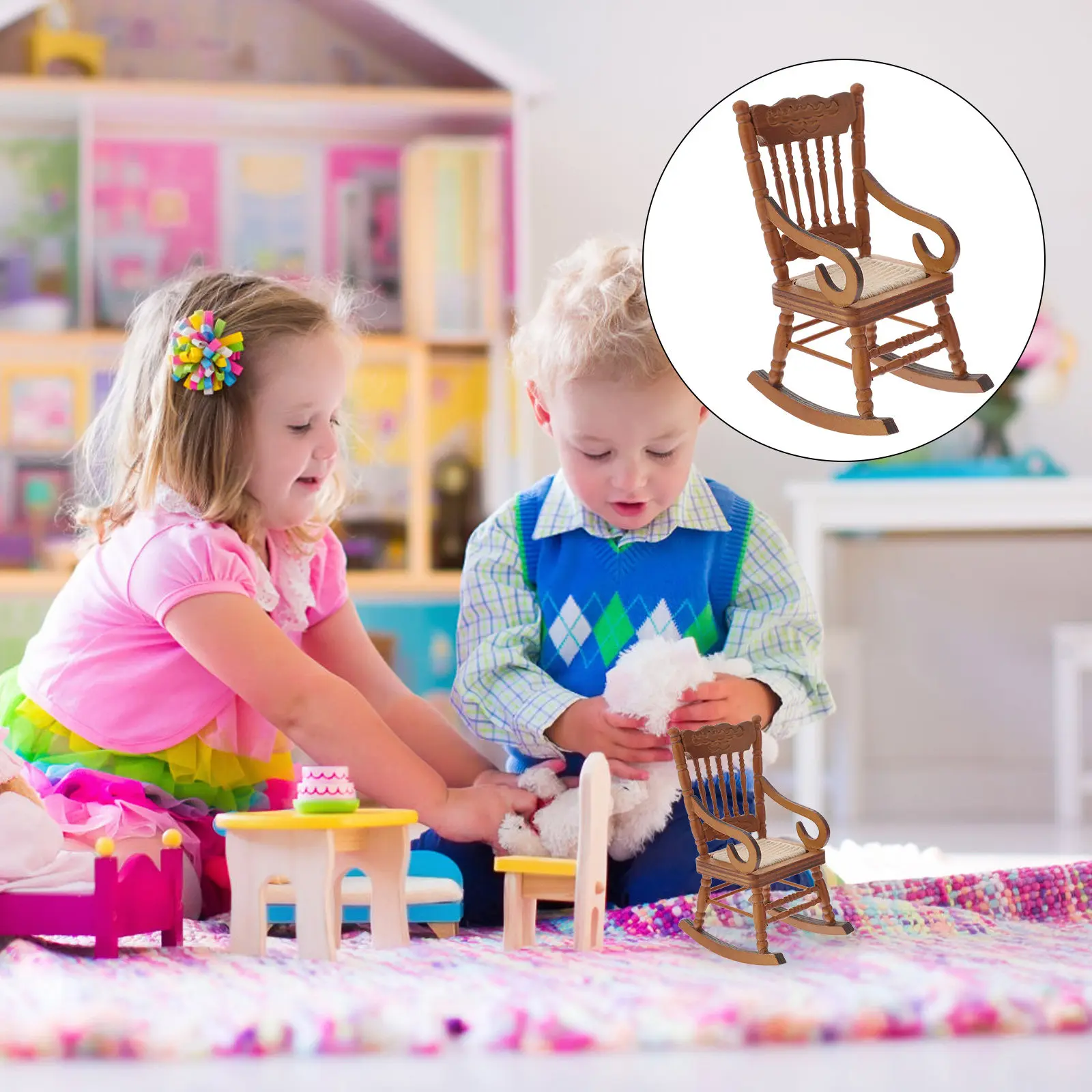 

Wooden Mini Rocking Chair for Miniature House Decoration Vintage Design Compact Size Ideal for Dollhouse Scene Building