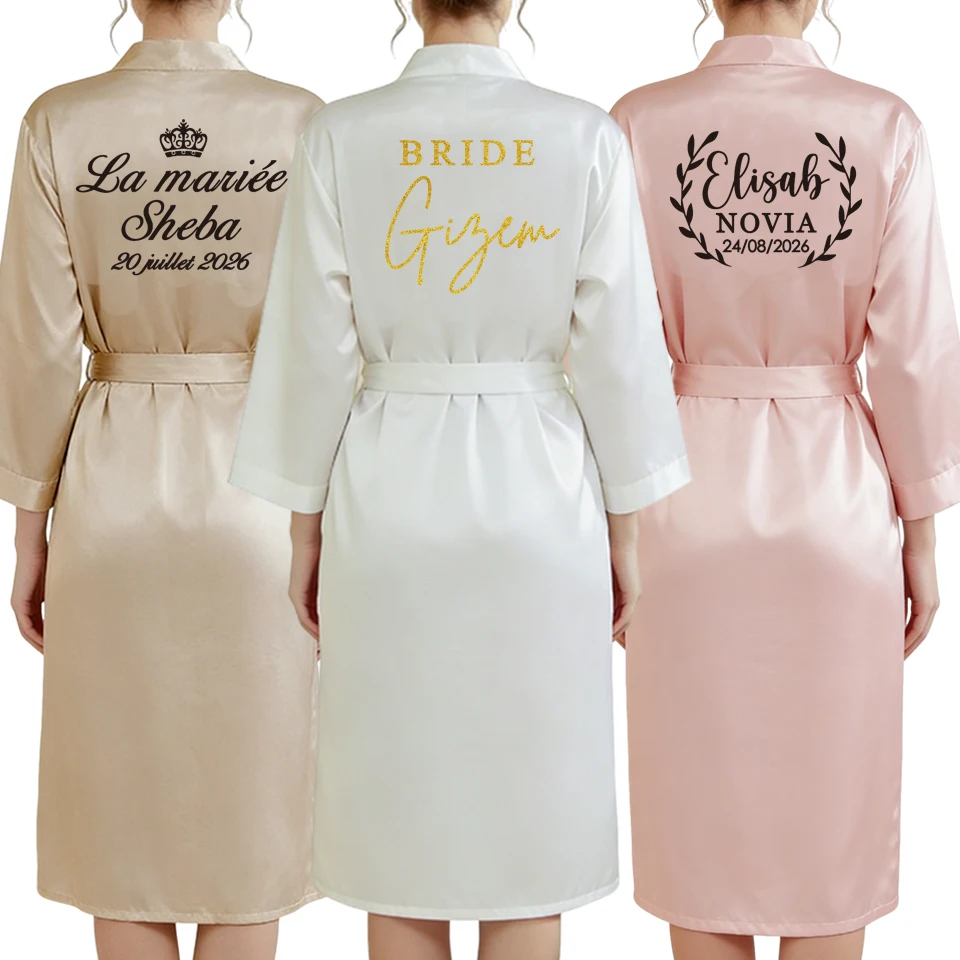 

Personalized Robe for Bride Bridesmaid with Name And Date Birthday Party Gown Add Any Text Bathrobe - Customizable Gifting