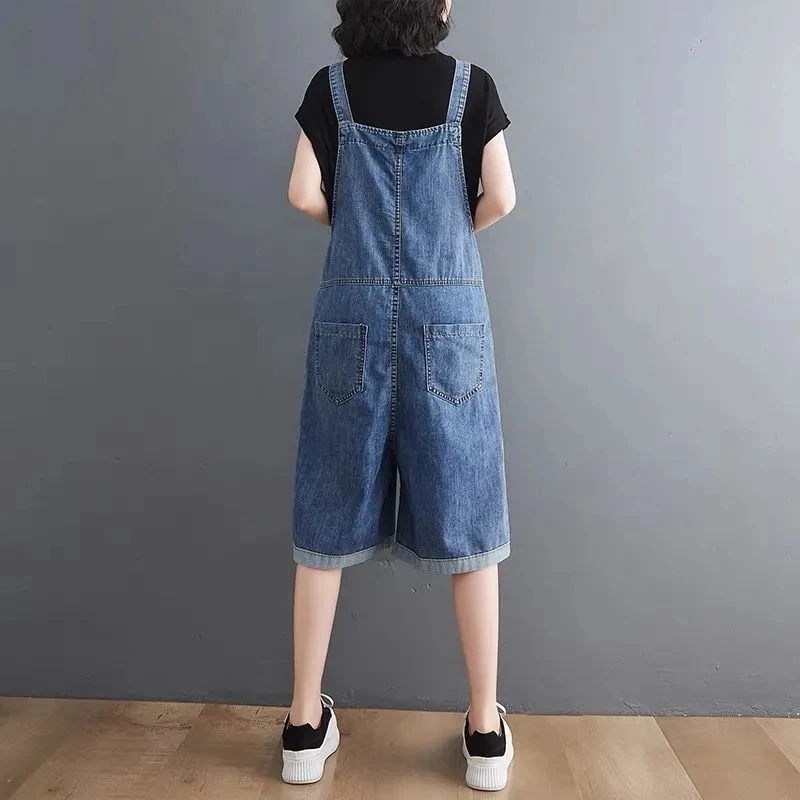 Celana pendek Denim musim panas, jumpsuit Romper kaki lebar kasual saku longgar wanita Korea, celana Suspender tanpa lengan