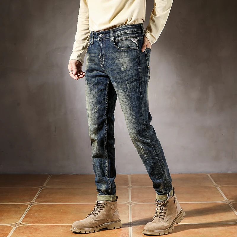 Calça jeans azul masculina com alongamento cansado streetwear jeans masculino para bicicletas casuais pés finos