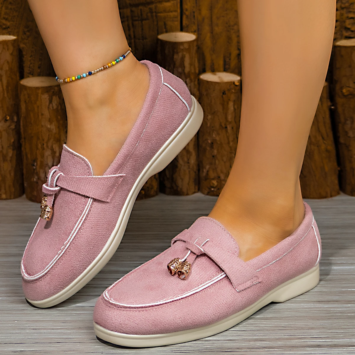 Spring/Autumn Women suede beaded decoration Tassel Slip on Flat Heel Shoes Mule Loafers Fashion Outdoor Non-slip Shoes Size-43