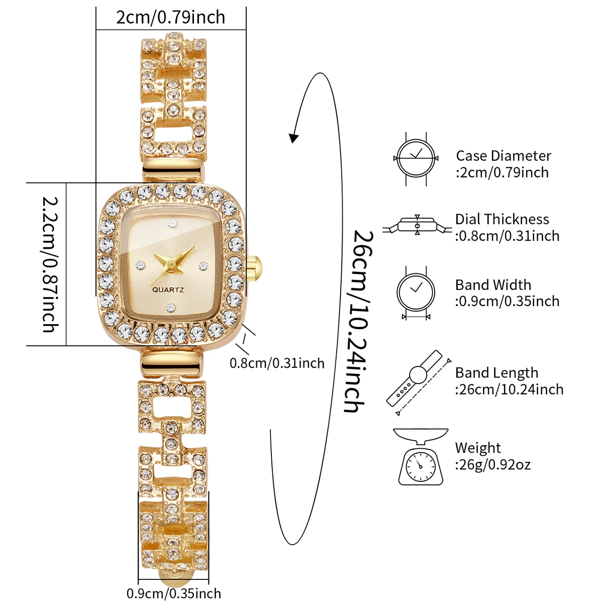 ساعات نسائية فاخرة بحزام سوار من حجر الراين ساعة يد كوارتز مربعة أنيقة هدية للبنات (بدون صندوق)