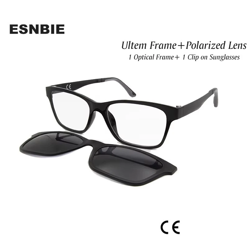 ESNBIE New Memory Ultem Nerd Glasses Frame with Magnetic Clip on Polarized Sun Glasses Lens Women Men Myopia Eyewear