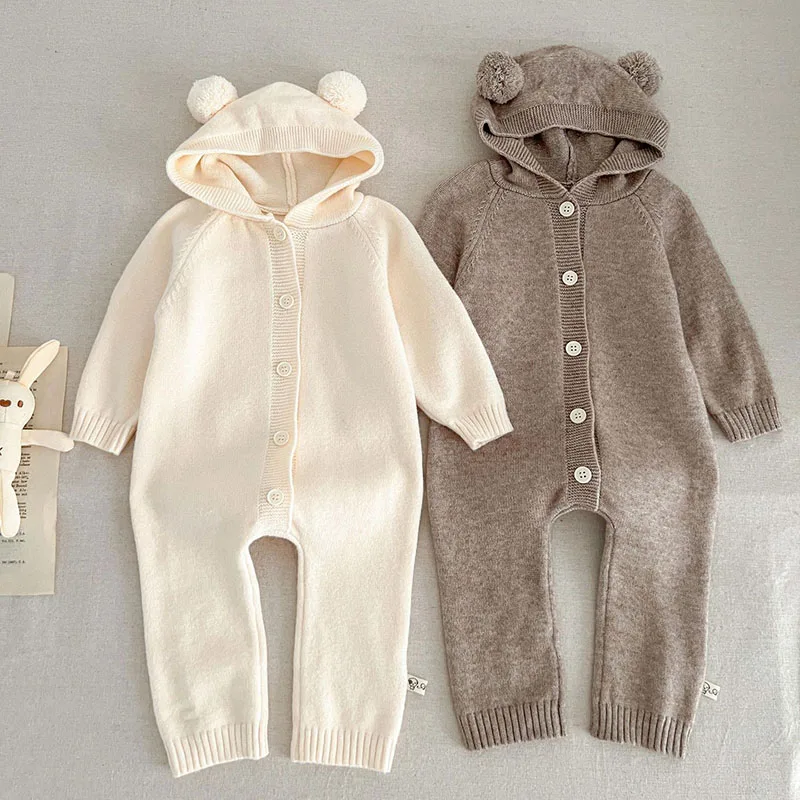 Autumn Winter Baby Girl Boys Knitted Clothing Toddler Baby Girl Knitted Romper Solid Color Hooded Korean Style Climbing Suit