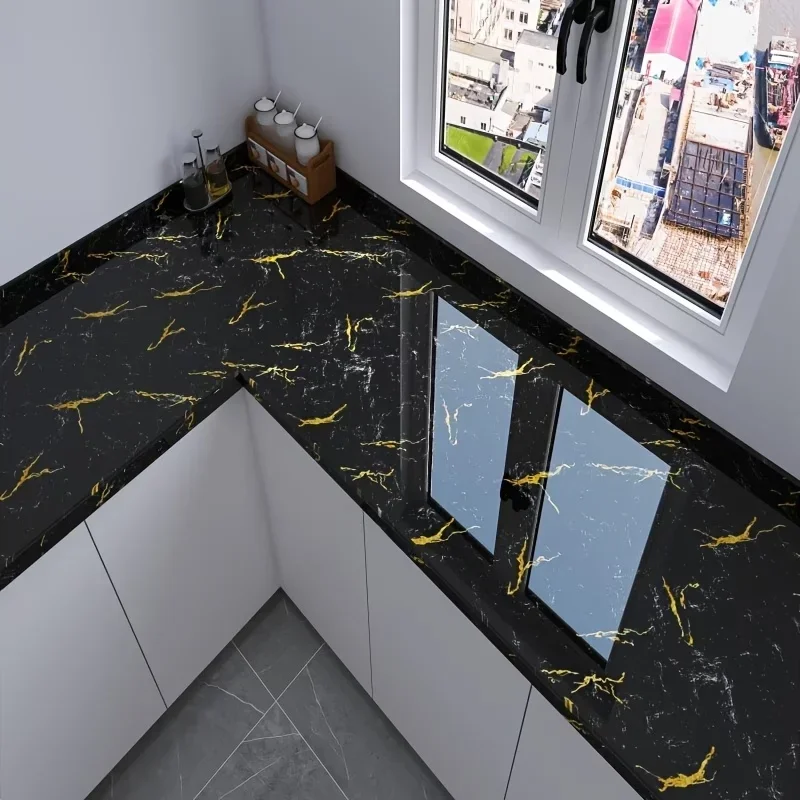 PVC Sticker For Kitchen Countertop Black And Gold Marble Pattern Suitable For Refurbishing Cabinet Tabletop And Furniture.
