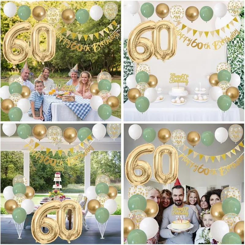 Salbei grün Gold weiß 60. Geburtstag Dekorationen für Geburtstag Luftballons alles Gute zum 60. Geburtstag Banner Kuchen Topper 60 Jahre altes Dekor – Detail 4