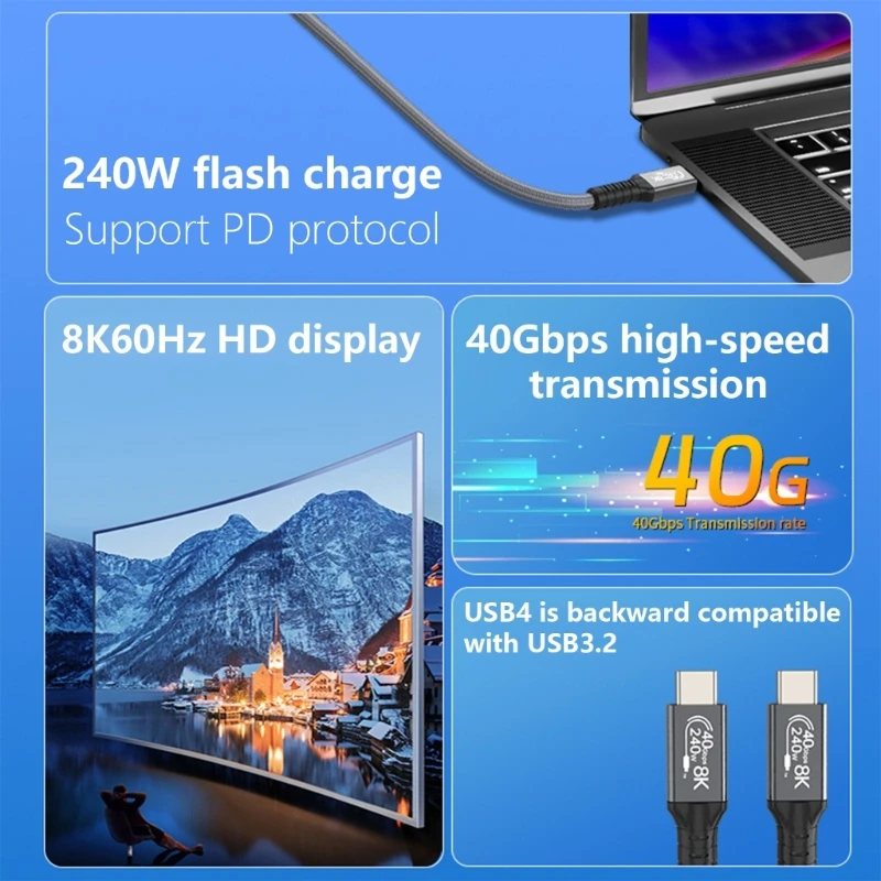 USB4 Cable 240W Fast Charging 40Gbps Data Transfer 8K@60Hz Video Display USB C to USB C Braided Cord for Smartphone