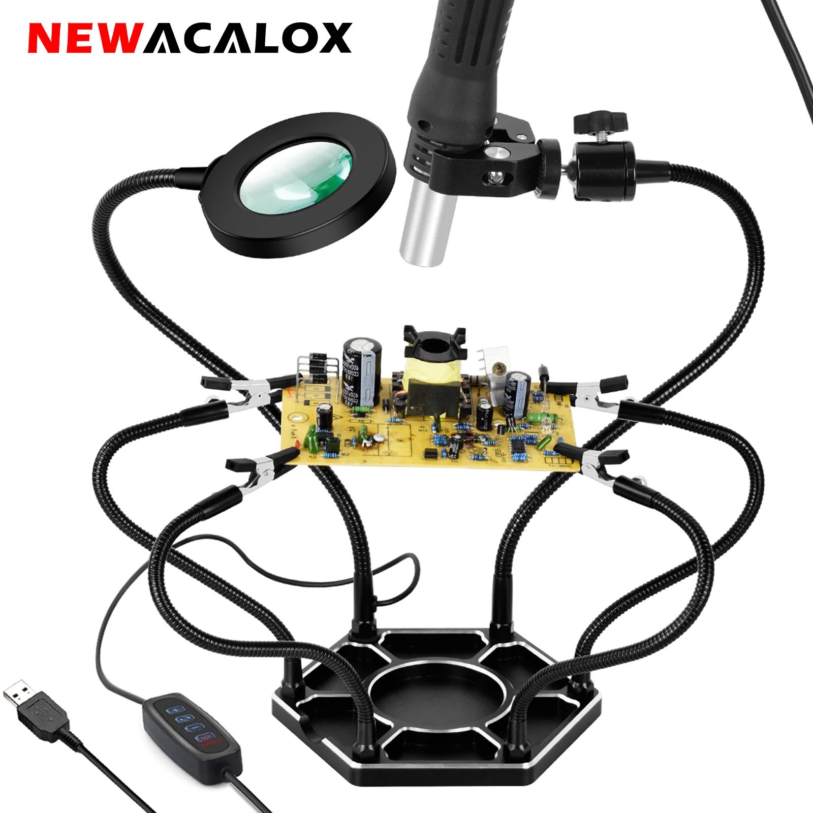 

NEWACALOX Soldering Third Hand with USB 3X LED Magnifying Glass Welding Cleaning Ball Hot Air Gun Holder Soldering Repair Tool