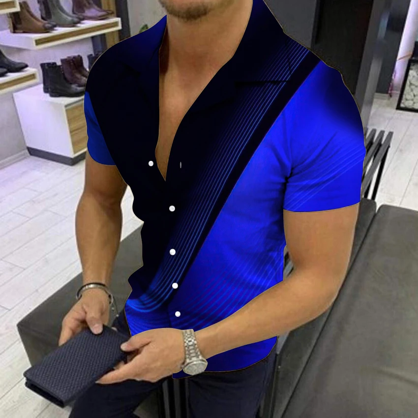 Chemise boutonnée à col rabattu pour hommes, chemises respirantes décontractées, chemise à rayures imprimées, manches courtes, vêtements de fête en