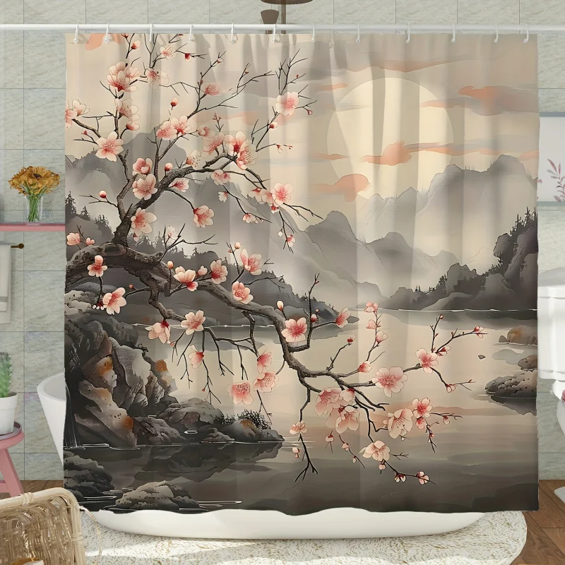 Cherry Blossom & Mountain Scenery Shower Curtain - Waterproof Polyester, Machine Washable with 12 Hooks Included, Pink Taupe Flo