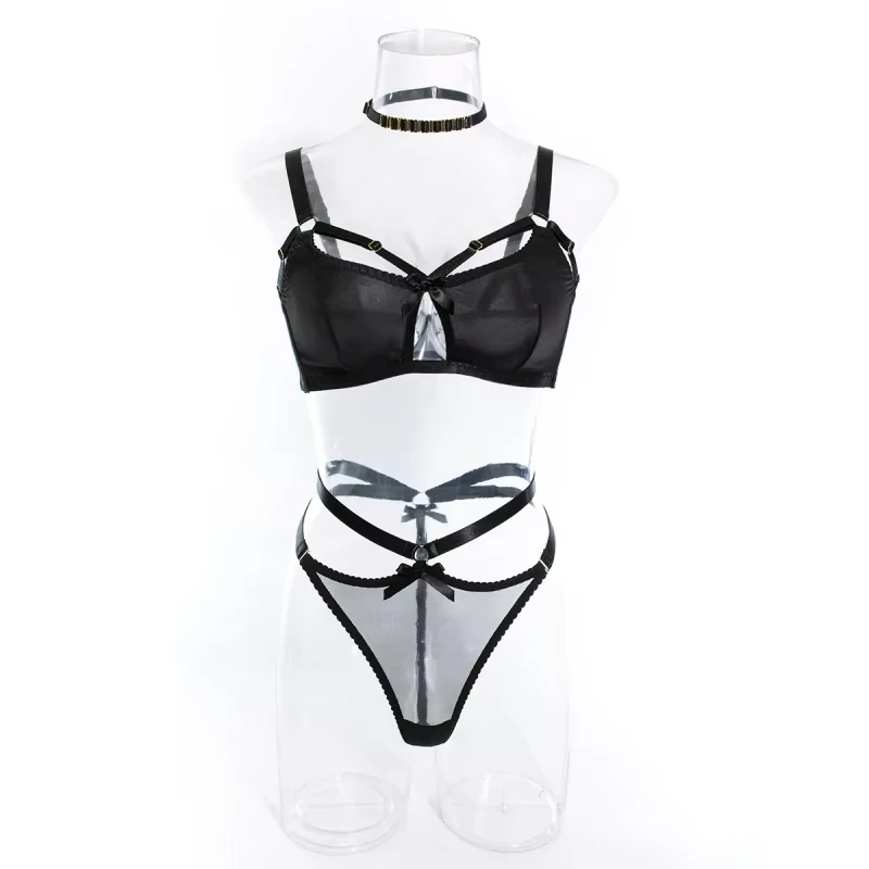 

Bikini lingerie thong set with neck scarf, bow, hollow design, no underwire