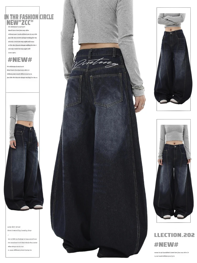 

Retro American Washed Blue Knife Denim Jeans Women's Autumn Winter Loose Floor Length Wide Leg Pants High Waist