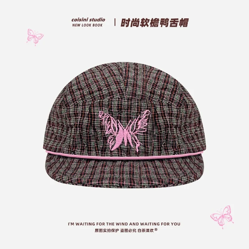 

Niche Personality Y2k Plaid Butterfly Embroidered Baseball Cap Men's and Women's Spring and Summer Trend Flat Edge Hip Hop Hat
