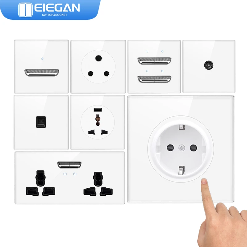 

ELEGAN White Tempered Glass Wall Switch Panel European Socket Retro Toggle Light Switch EU UK Standard USB Socket 1/2/3/4Gang