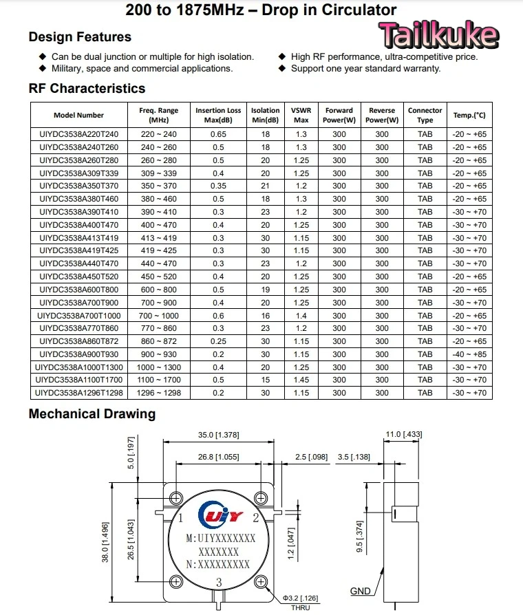 

Встроенный циркулятор Коммуникационный диапазон 5G от 200 МГц до 3600 МГц Циркулятор радиочастотной ленты может быть настроен по индивидуальному заказу