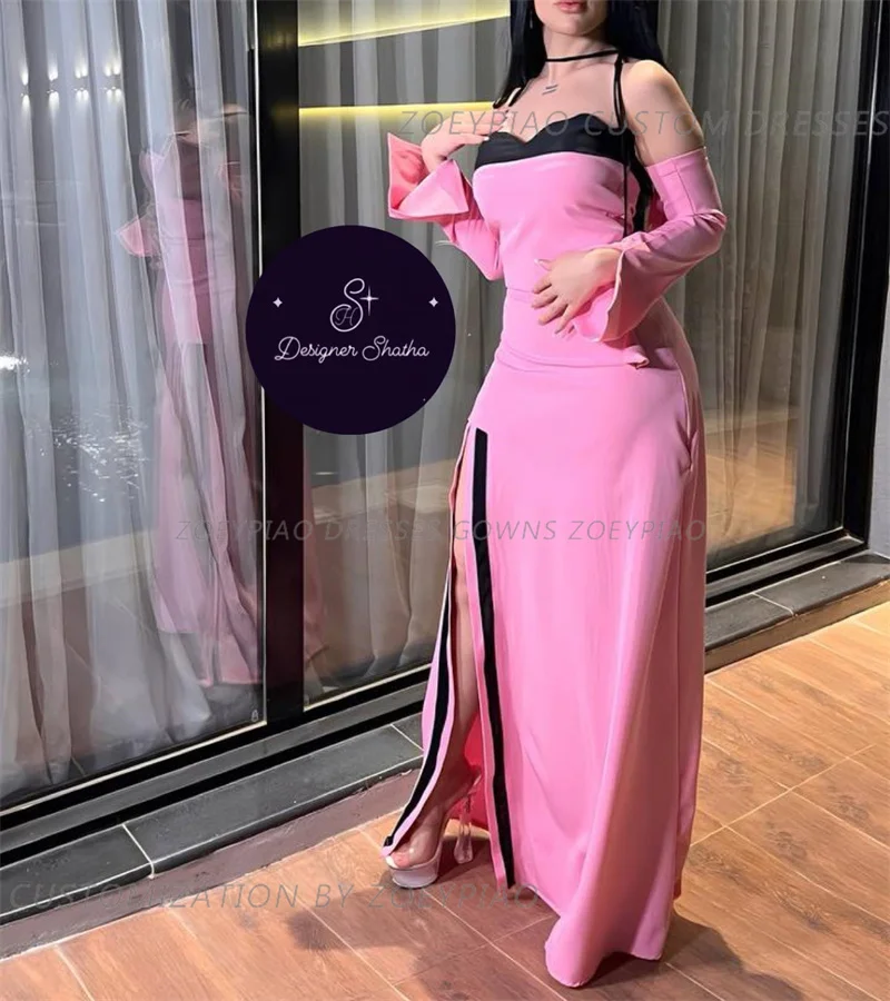 Pink Patchwork Dresses Plus Size Side Slit Long Sleeves Arabic Dubai Prom Evening Party Gowns for Ladies Cocktail Event Outfits