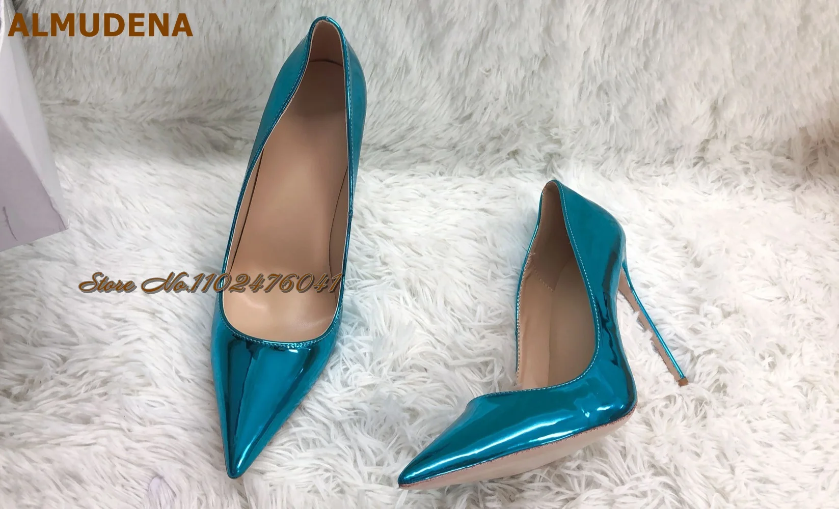 ALMUDENA Blue-green Mirrow Leather Pointed Toe Shoes 12cm Thin High Heels Pointed Toe Shallow Dress Pumps Luxury Bride Footwear