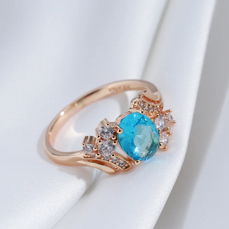 SYOUJYO Shiny Blue Oval Natural Zircon Rings For Women Peach Heart Cutting 585 Rose Golden Wedding Luxury Jewelry