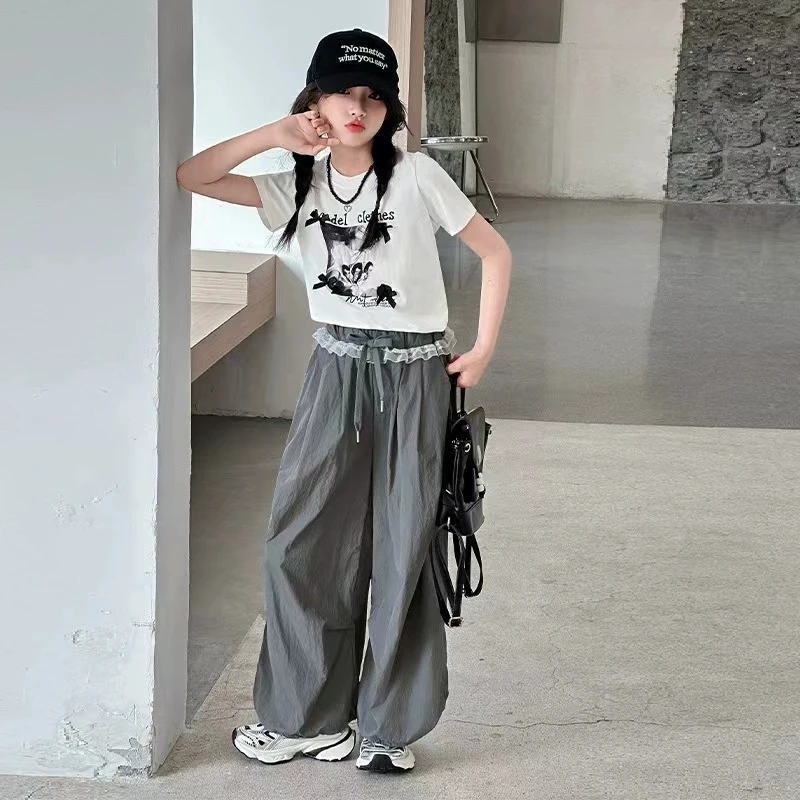 

Детский и подростковый комплект для девочек, лето 2026: новая повседневная белая футболка и свободные брюки с кружевом, 2 предмета, на 5-12 лет