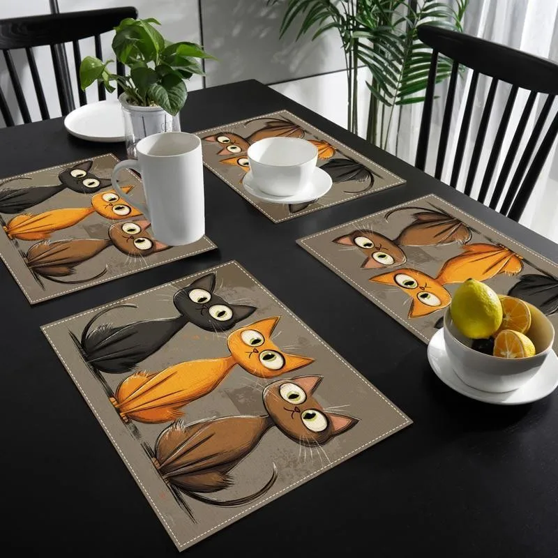 Cartoon Cat Placemat Cute Kitten Pet Lover Dining Table Mat Heat Resistant Kitchen Decor Home Party Tableware Set of 4 Gift