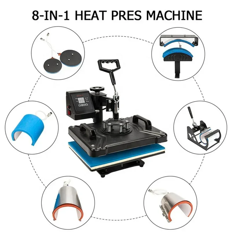 2025 رائجة البيع سعر الجملة 8 في 1 in1 آلات ضغط حراري واحدة للتسامي لتي شيرت/قبعة/كوب/أكياس/