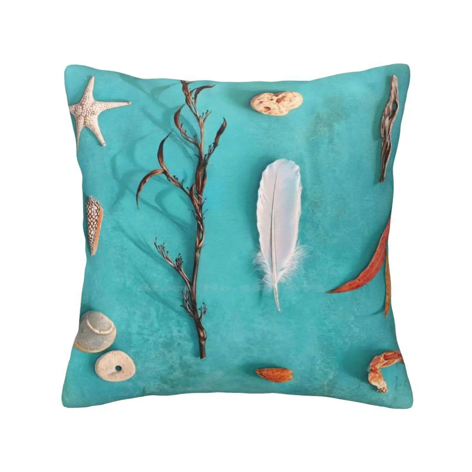 Sea , Land & Sky Pillowslip Pillowcase Stones Pebbles Shells Driftwood Leaf Feather Nature Still Life Symbolic Sea Land Sky