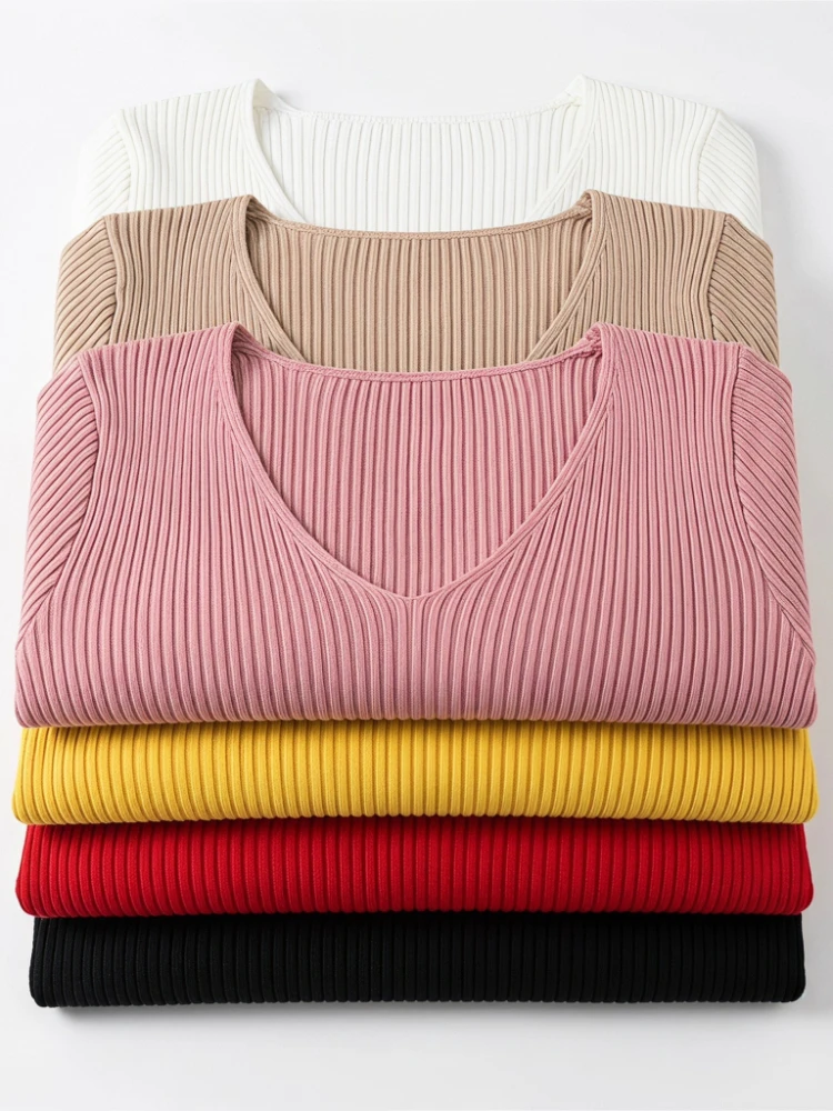 2026 Autumn Winter Solid Rib Knit V Neck Stripe Pull Sweater Femme Y2k Long Sleeve Women Pullover Jersey Tops Fashion Clothes